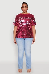 Womens Plus Size Birthday Queen Sequin Top, Pink, Size 2X