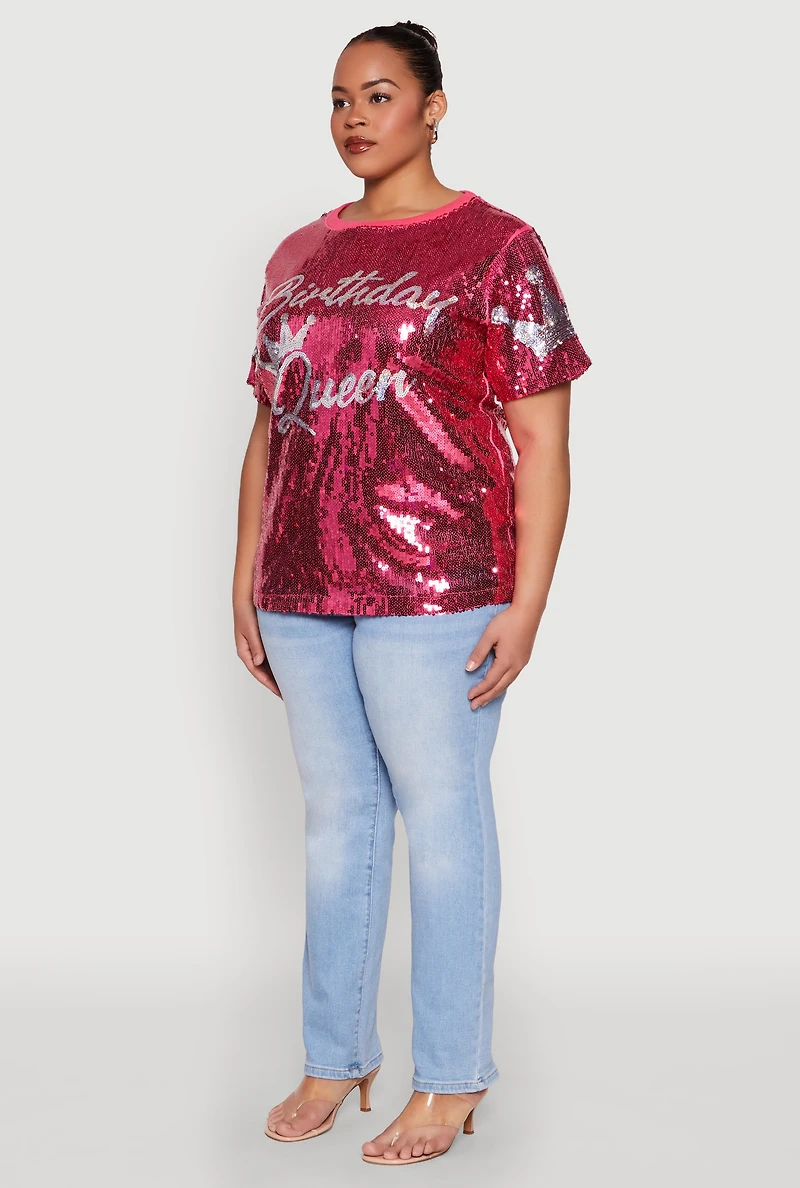 Womens Plus Size Birthday Queen Sequin Top, Pink, Size 2X