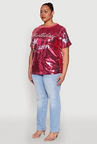 Womens Plus Size Birthday Queen Sequin Top, Pink, Size 2X