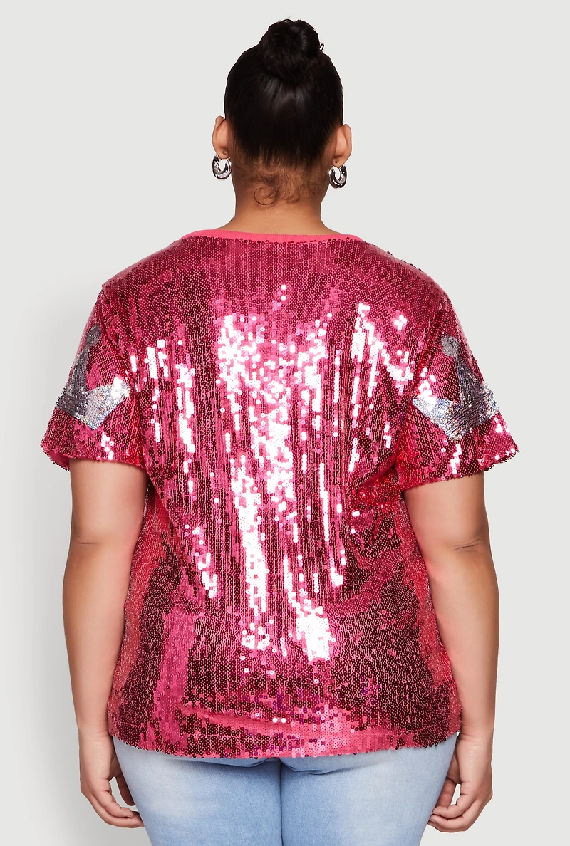 Womens Plus Size Birthday Queen Sequin Top, Pink, Size 2X