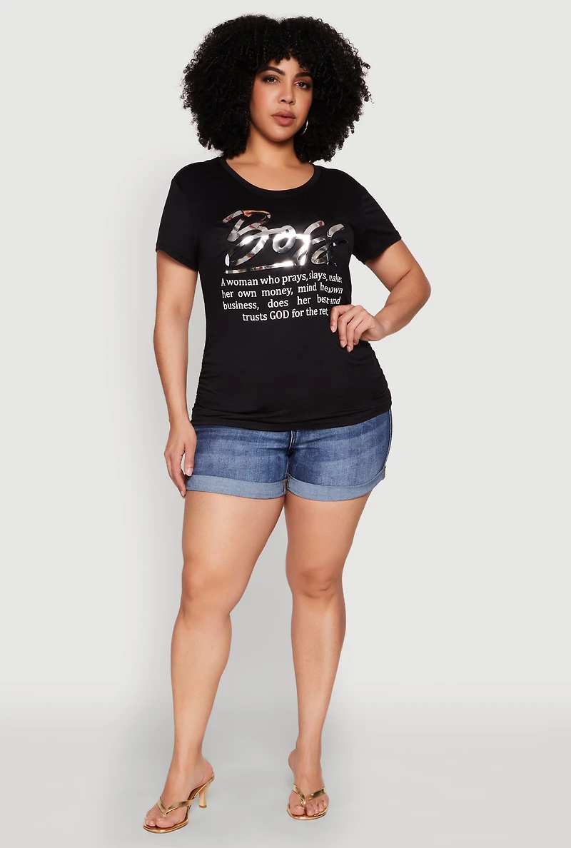 Womens Plus 3D Boss Foil Graphic Tee, Black,