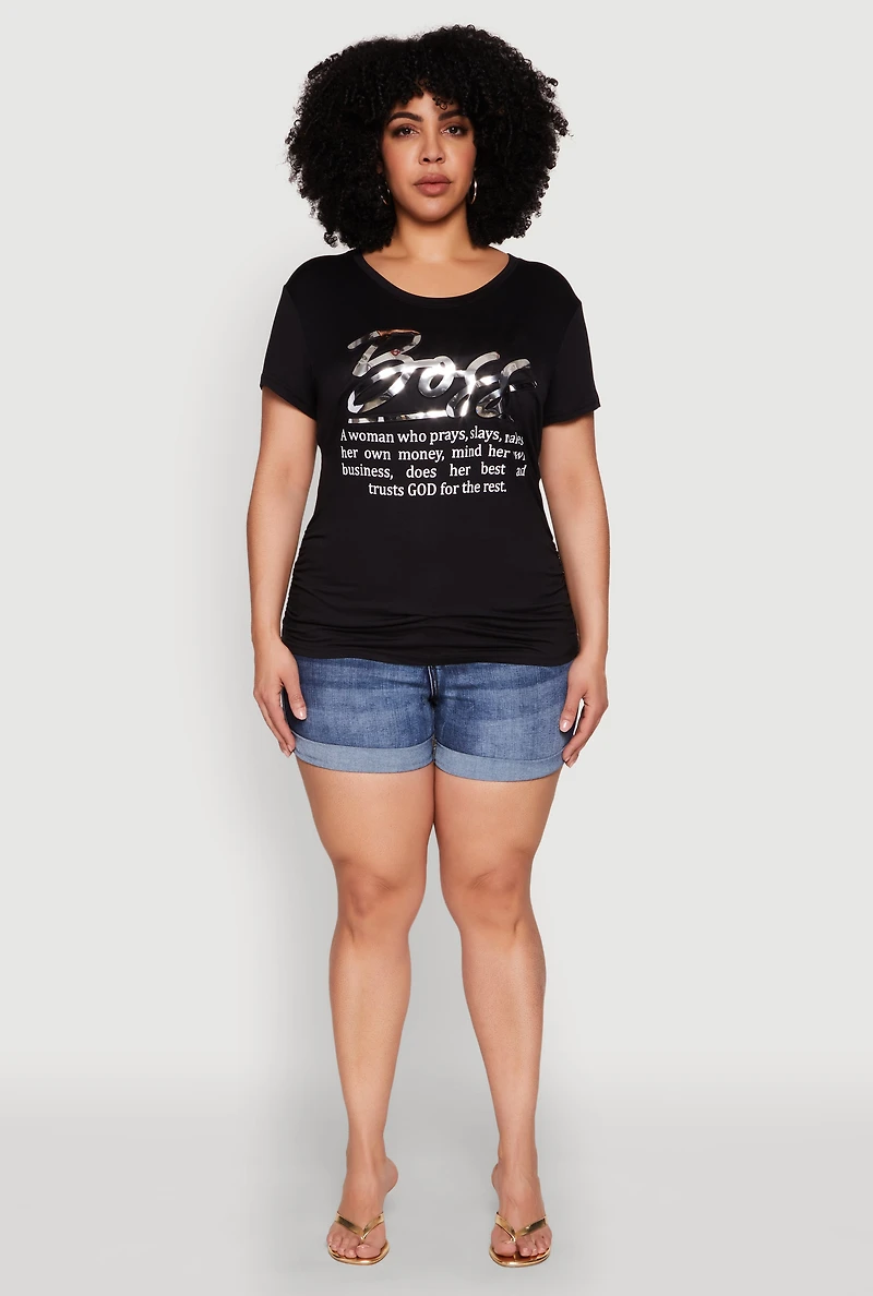 Womens Plus Size 3D Boss Foil Graphic Tee, Black, Size 1X