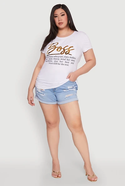 Womens Plus Size 3D Boss Foil Graphic Tee, White, Size 2X