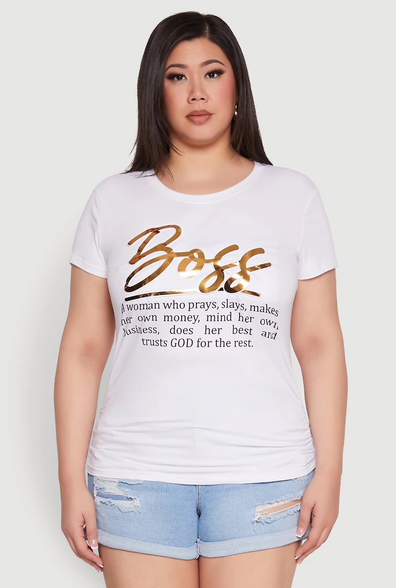 Womens Plus Size 3D Boss Foil Graphic Tee, White, Size 1X