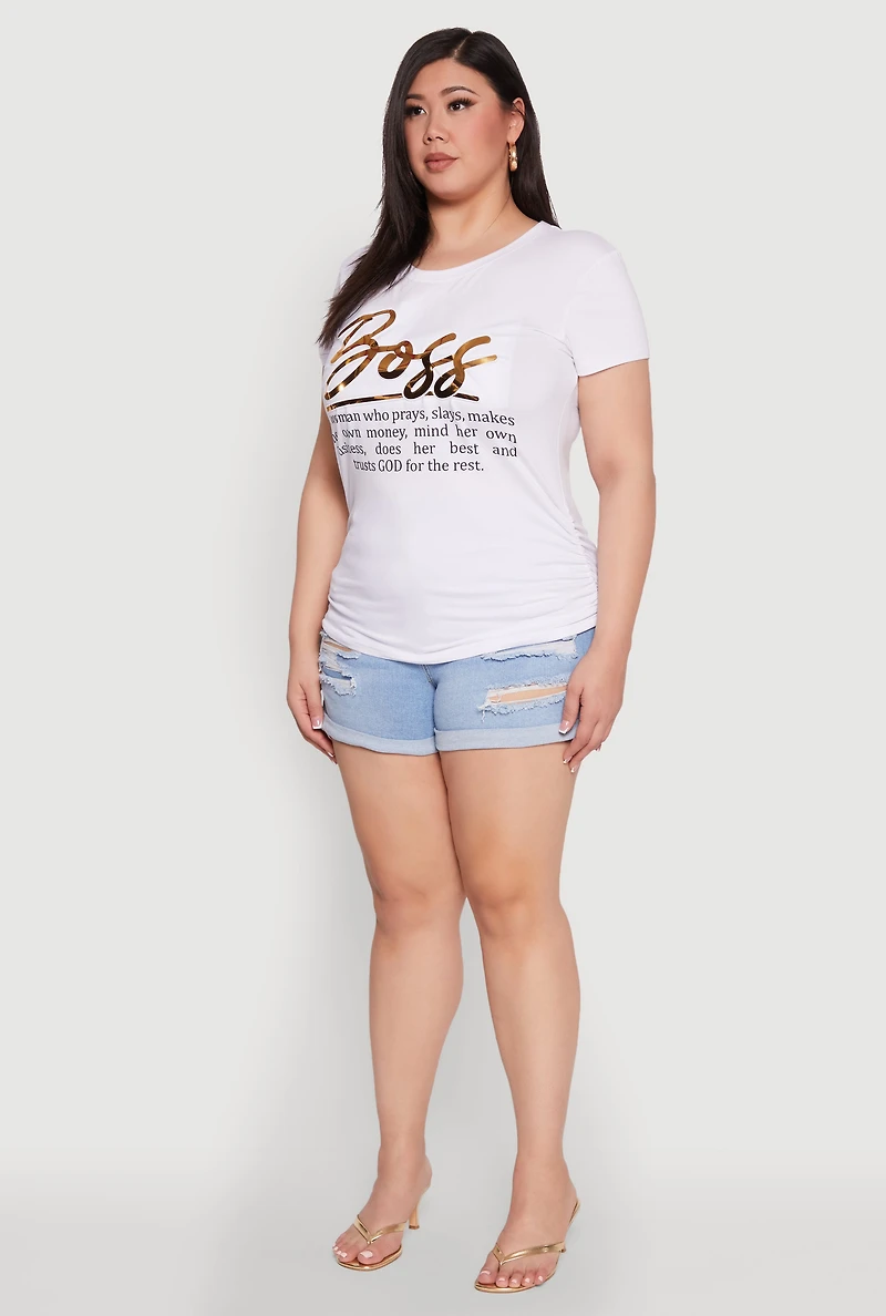 Womens Plus Size 3D Boss Foil Graphic Tee, White, Size 1X