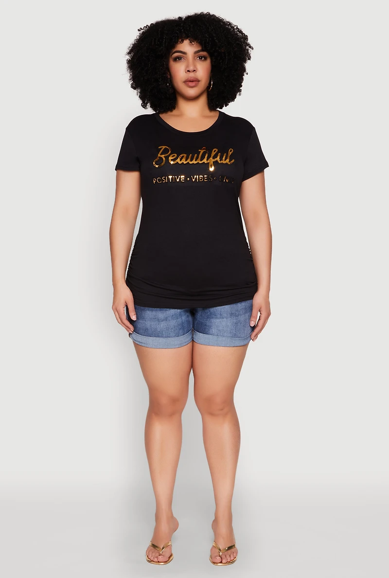 Womens Plus Ruched 3D Beautiful Foil Graphic Tee,