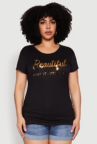 Womens Plus Ruched 3D Beautiful Foil Graphic Tee,