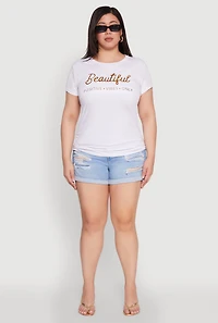 Womens Plus Size Ruched 3D Beautiful Foil Graphic Tee, White, Size 1X