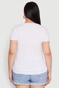 Womens Plus Size Ruched 3D Beautiful Foil Graphic Tee, White, Size 1X