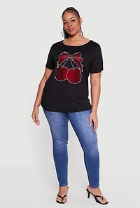 Plus Cherry Bow Rhinestone Graphic Top