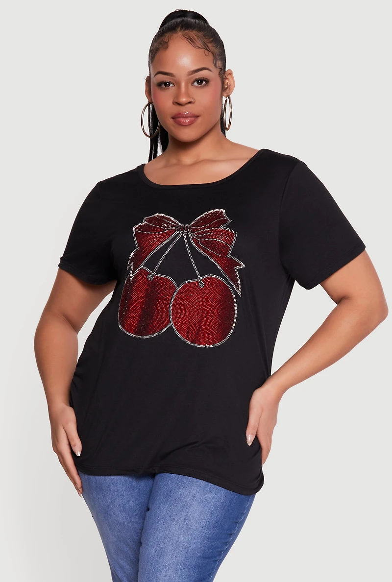 Plus Cherry Bow Rhinestone Graphic Top