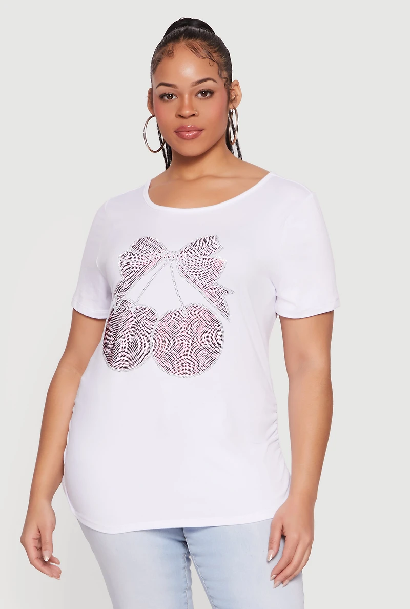 Plus Cherry Bow Rhinestone Graphic Top