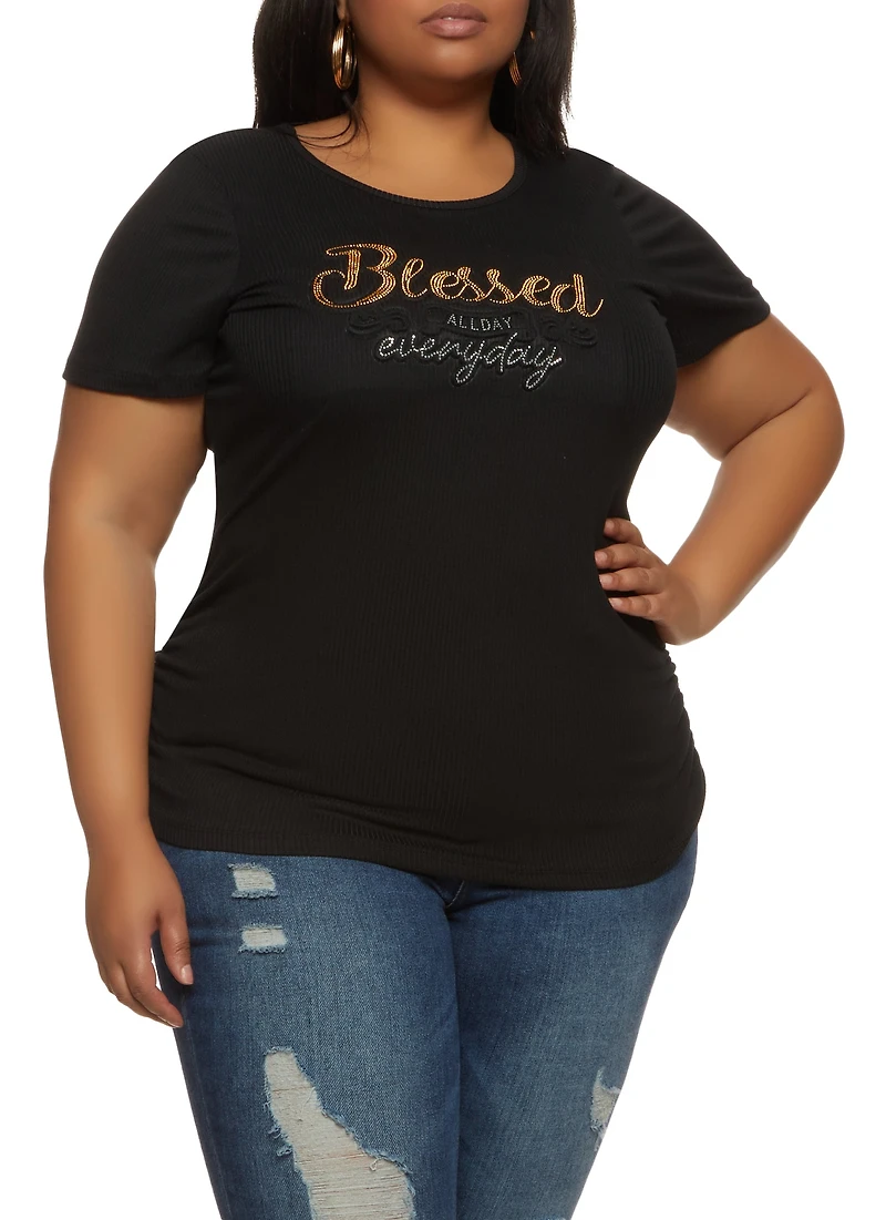 Plus Blessed All Day Everyday Rhinestone Embossed Tee