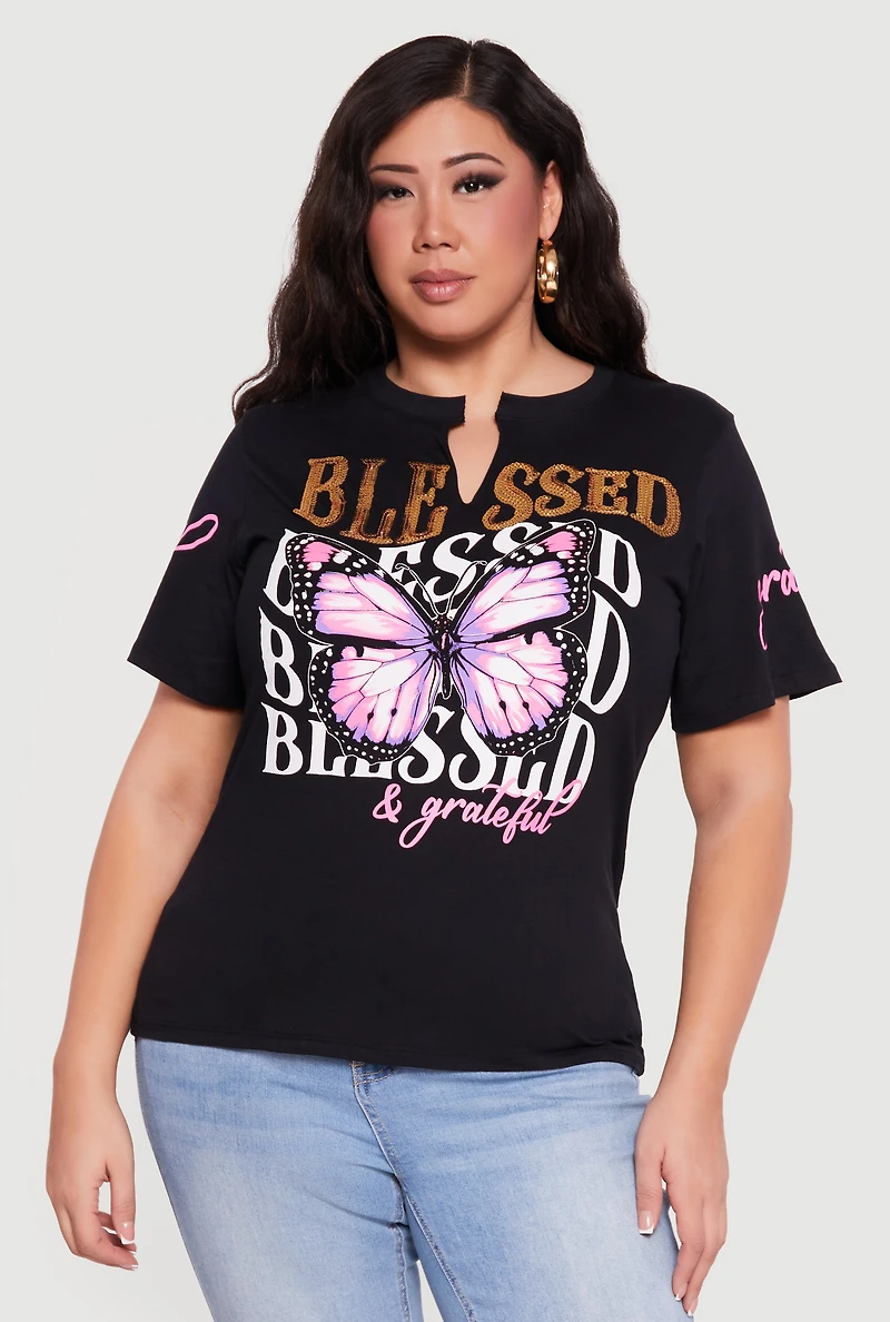 Plus Blessed and Grateful Notch Neck Graphic Tee