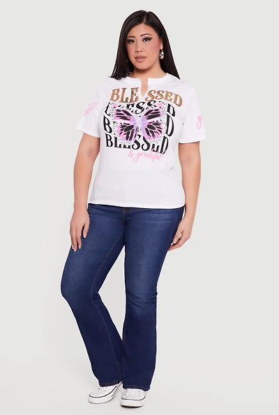 Plus Blessed and Grateful Notch Neck Graphic Tee