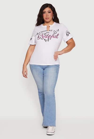 Plus Choose To Be Grateful Notch Neck Graphic Tee