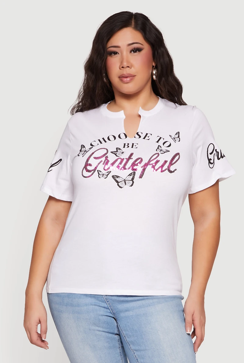 Plus Choose To Be Grateful Notch Neck Graphic Tee