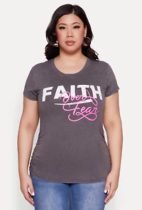 Womens Plus Size Mineral Wash Faith Over Fear Graphic Tee, Grey, Size 1X