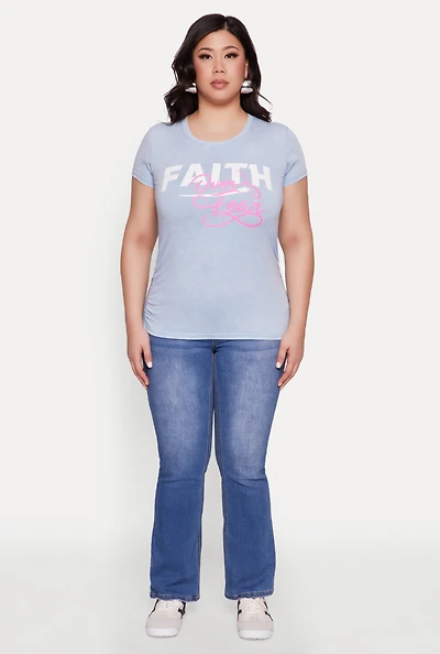 Womens Plus Size Mineral Wash Faith Over Fear Graphic Tee, Blue, Size 3X