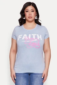 Womens Plus Mineral Wash Faith Over Fear Graphic Tee, Blue,