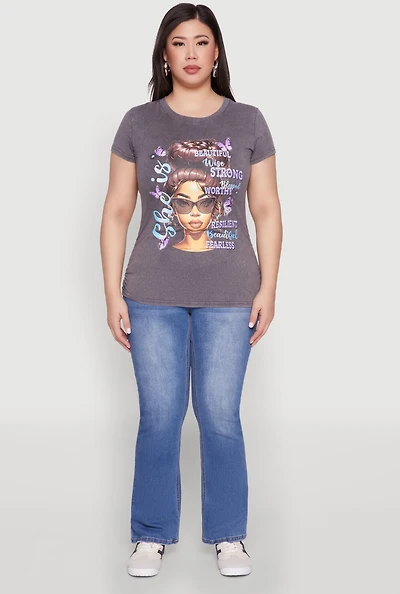Womens Plus Size Mineral Wash She Is Graphic Tee, Grey, Size 1X