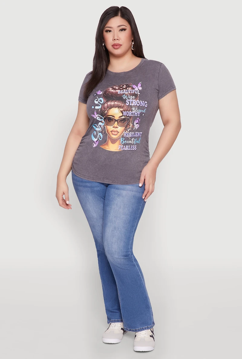 Womens Plus Size Mineral Wash She Is Graphic Tee, Grey, Size 1X