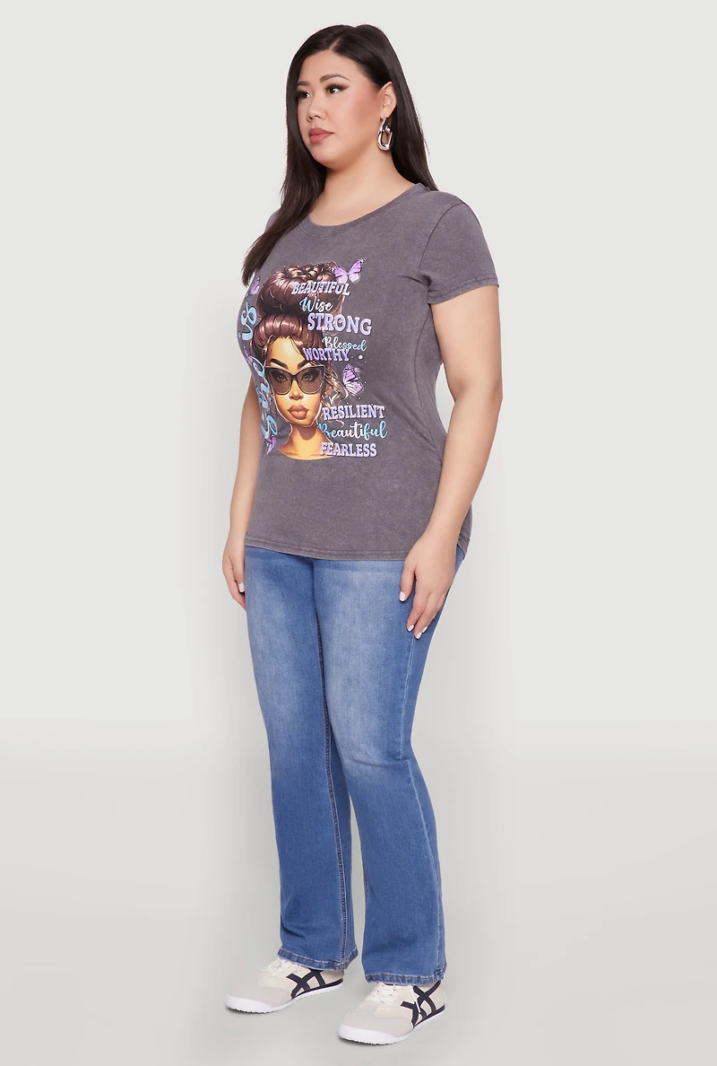Womens Plus Size Mineral Wash She Is Graphic Tee, Grey, Size 1X