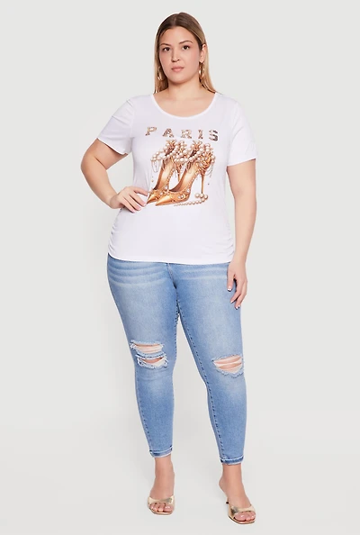 Plus Rhinestone Paris Heels Graphic Side Ruched Tee