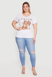 Plus Rhinestone Paris Heels Graphic Side Ruched Tee