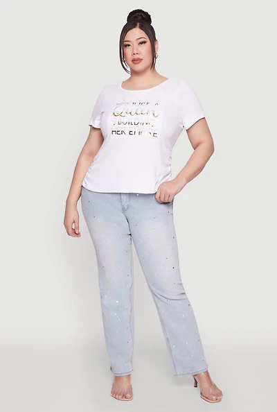 Womens Plus Size Just A Queen 3D Foil Graphic Tee, White, Size 2X