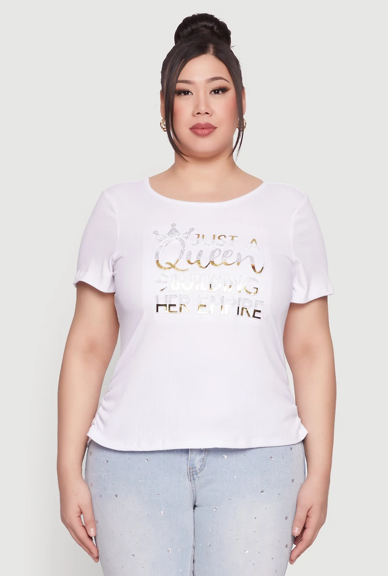Womens Plus Size Just A Queen 3D Foil Graphic Tee, White, Size 2X