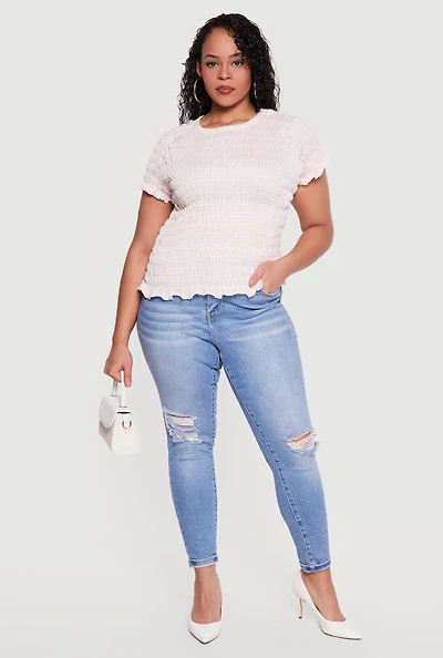 Plus Gingham Short Sleeve Smocked Blouse