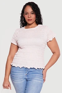 Plus Gingham Short Sleeve Smocked Blouse