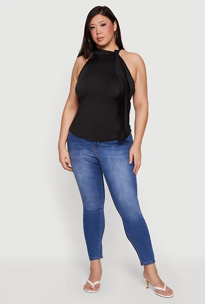 Plus Sleeveless Tie Neck Blouse