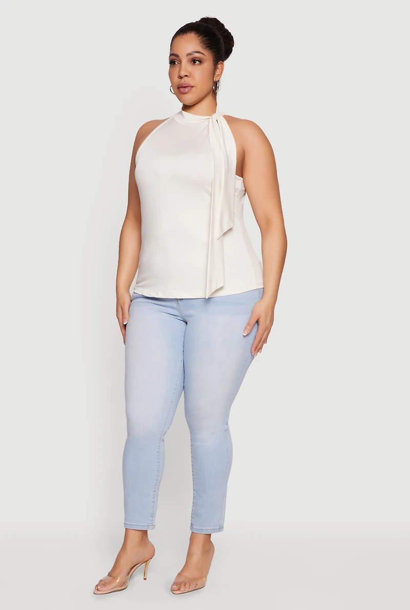 Plus Sleeveless Tie Neck Blouse