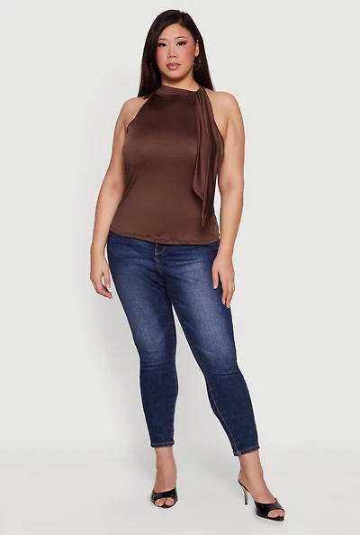 Plus Sleeveless Tie Neck Blouse