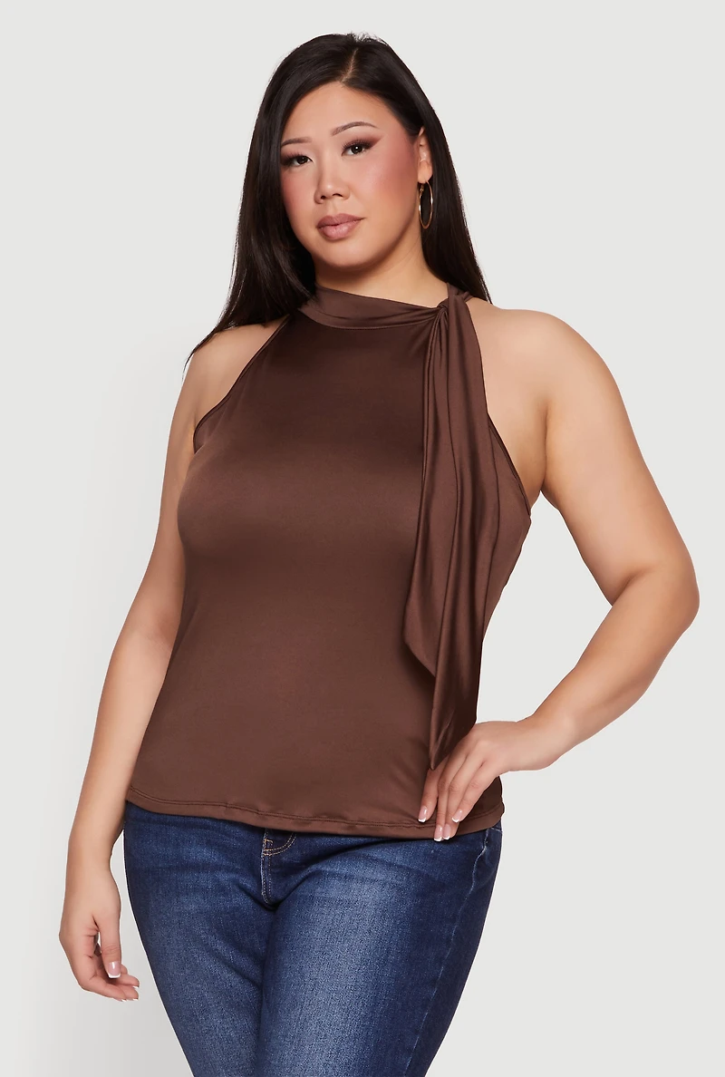 Plus Sleeveless Tie Neck Blouse