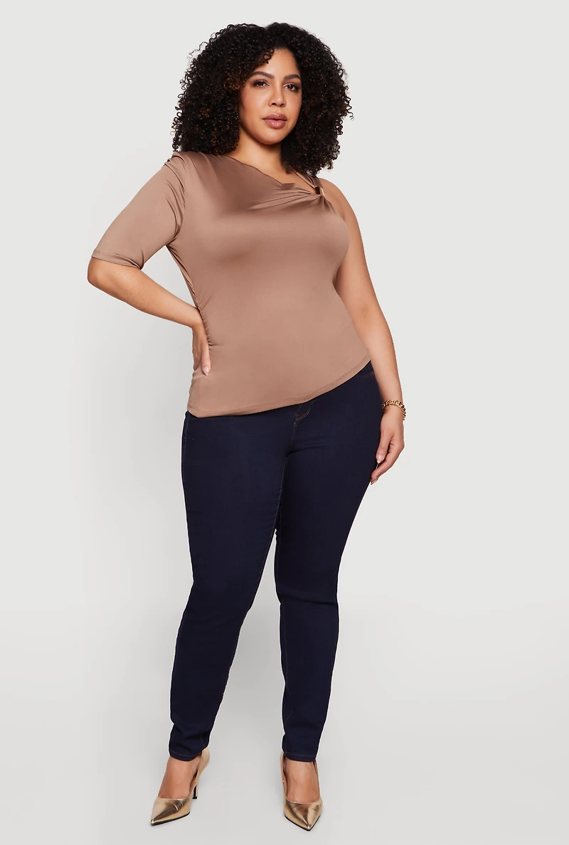 Plus Ruched Quarter Sleeve One Shoulder Top