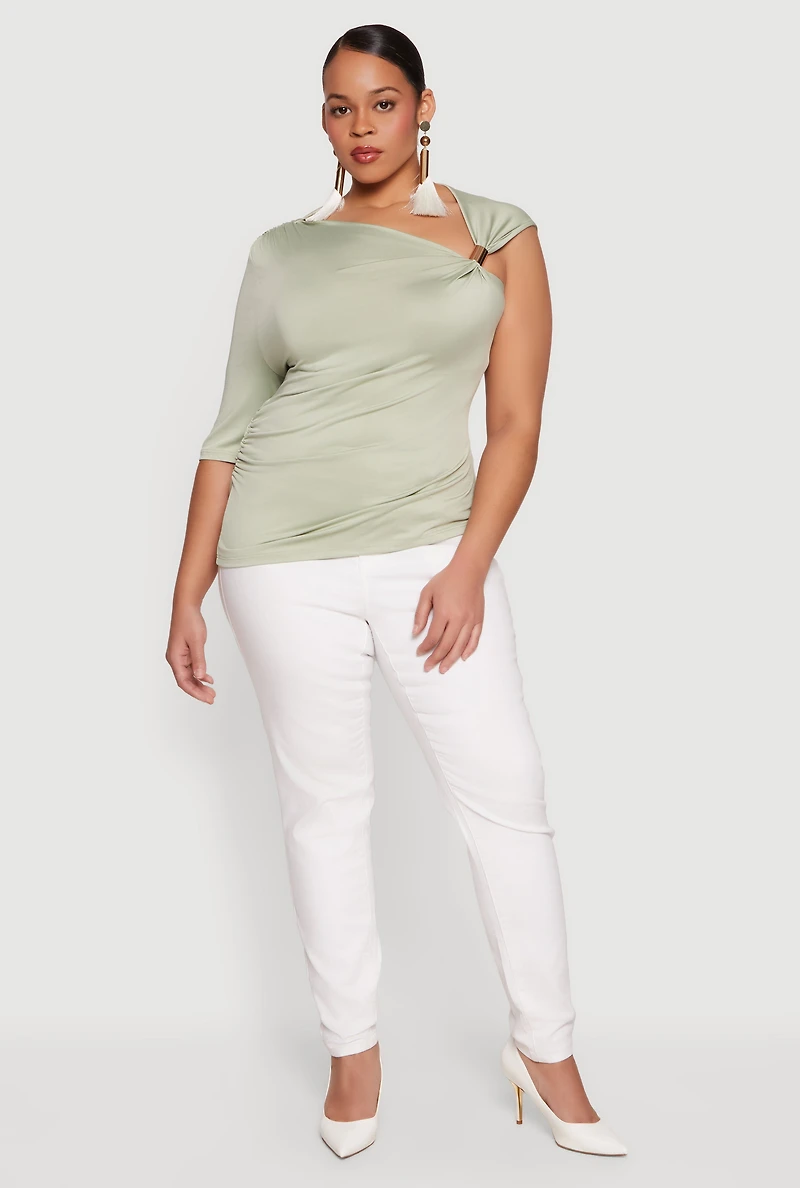 Plus Ruched Quarter Sleeve One Shoulder Top