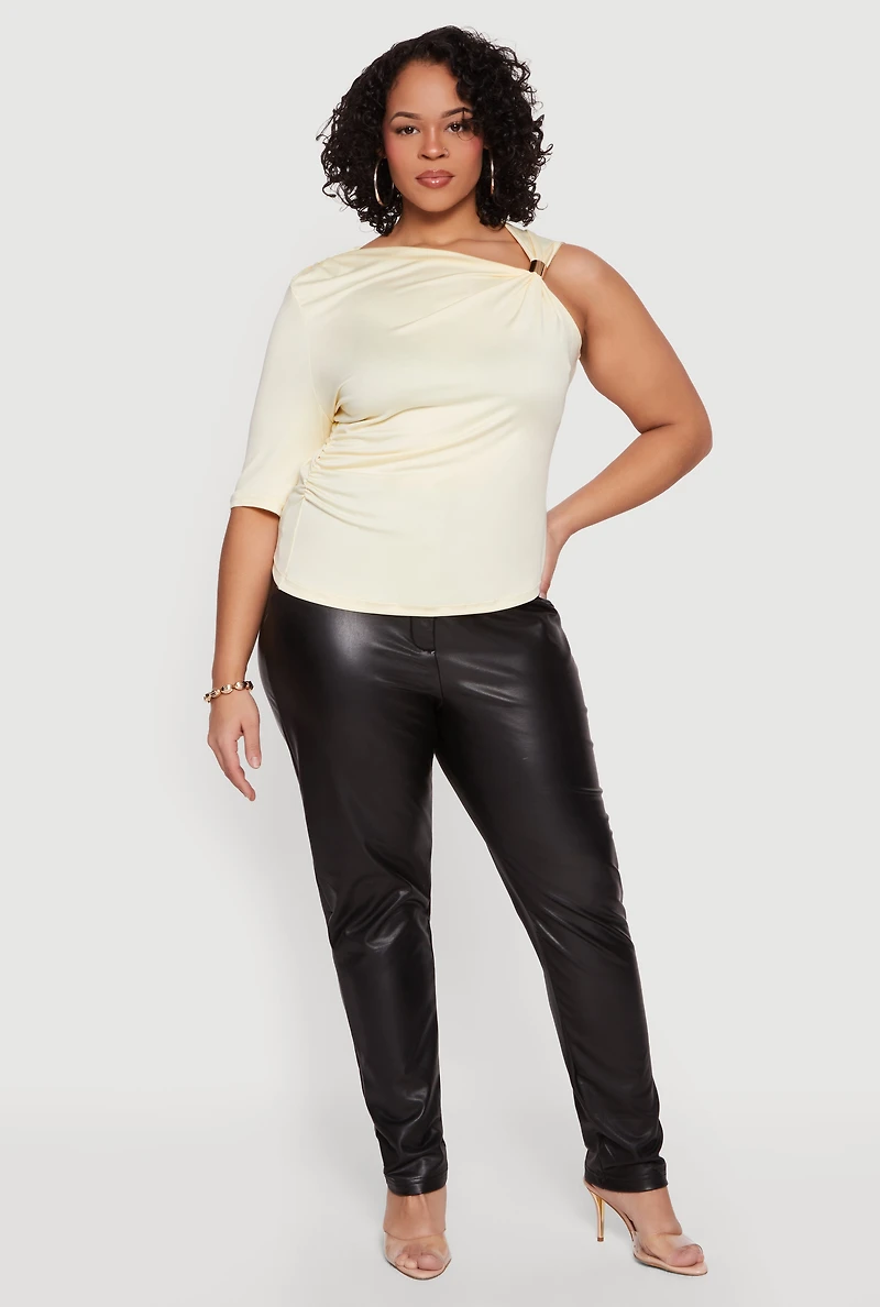 Plus Ruched Quarter Sleeve One Shoulder Top