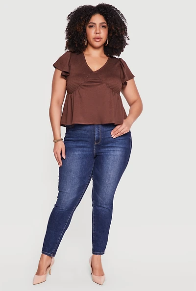 Plus Flutter Sleeve Smocked Babydoll Top
