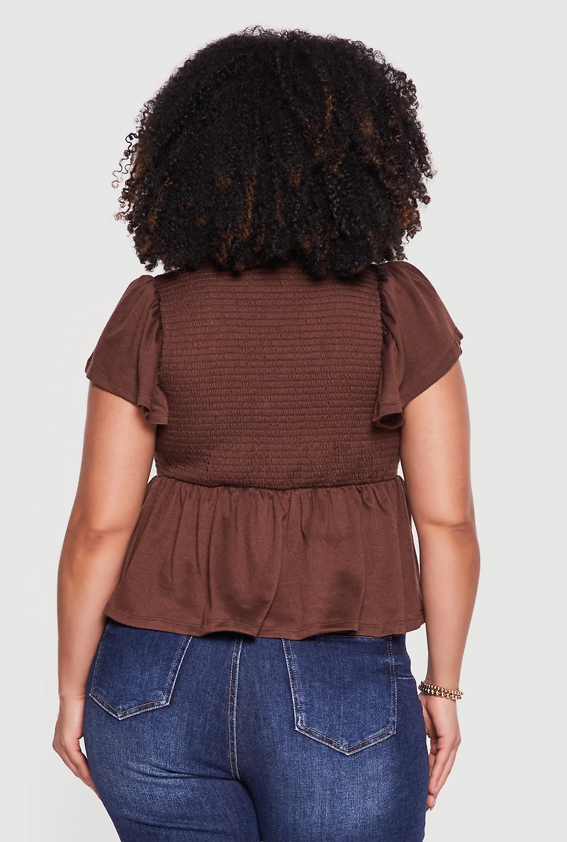 Plus Flutter Sleeve Smocked Babydoll Top