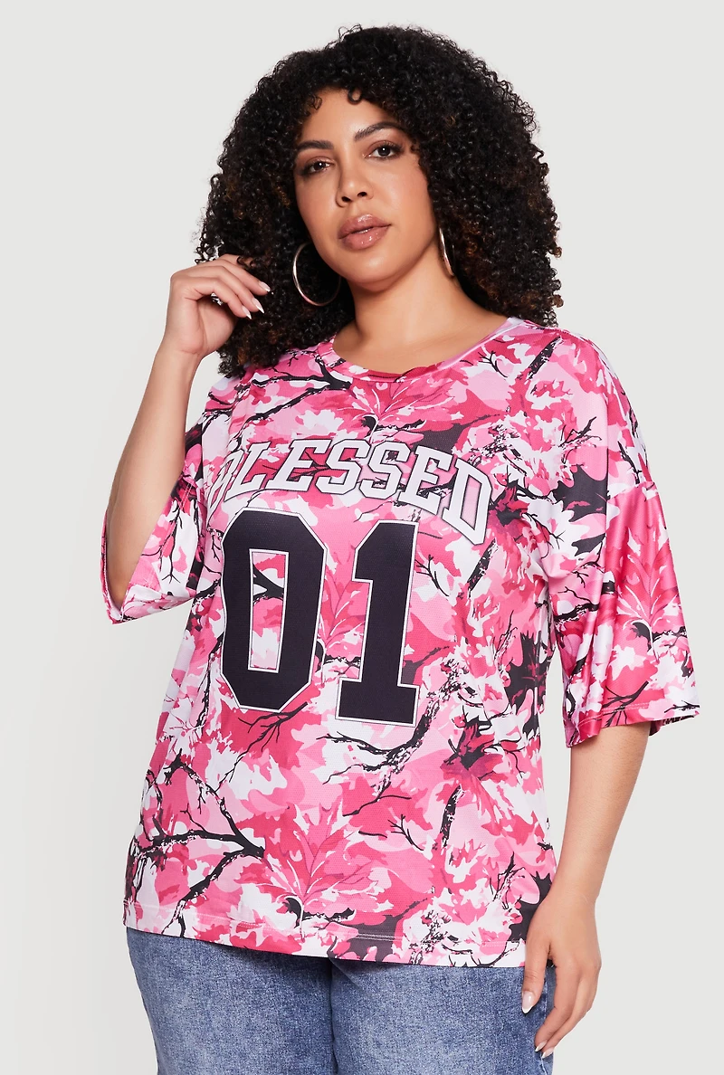 Plus Size Hunter Camo Graphic Print Jersey Mesh Top