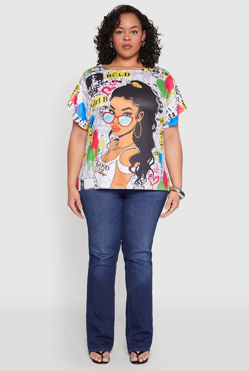 Womens Plus Size Good Vibes Graphic Newspaper Print Tee, Multi, Size 2X