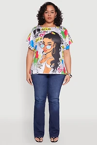 Womens Plus Size Good Vibes Graphic Newspaper Print Tee, Multi, Size 2X