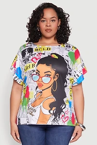 Womens Plus Size Good Vibes Graphic Newspaper Print Tee, Multi, Size 2X