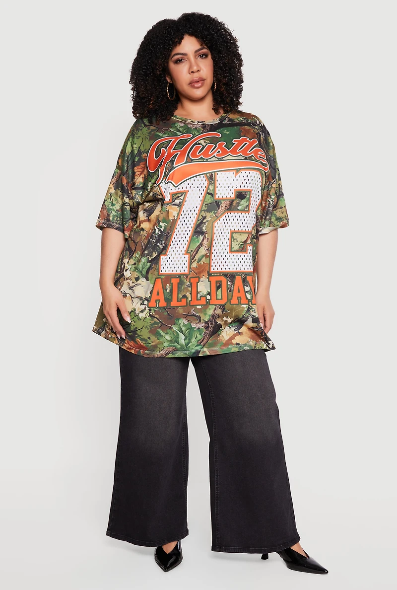 Plus Hustle All Day 72 Graphic Hunter Camo Oversized Tee