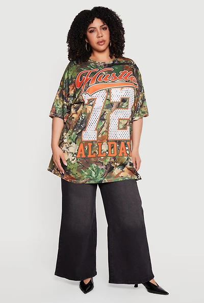 Plus Hustle All Day 72 Graphic Hunter Camo Oversized Tee