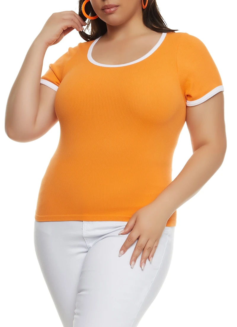 Womens Plus Rib Knit Seamless Ringer Tee, 1X-2X