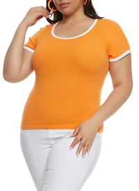 Womens Plus Rib Knit Seamless Ringer Tee, 1X-2X